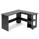 L-shaped computer desk in black with spacious desktop and 2-tier shelves, perfect for home office organization.